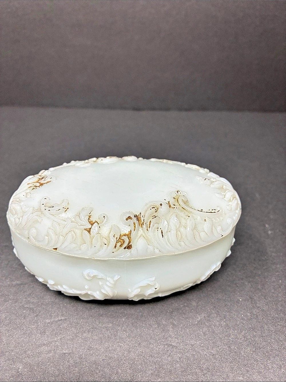 Antique 1890's Milk Glass Hand Painted Trinket Box With Lid